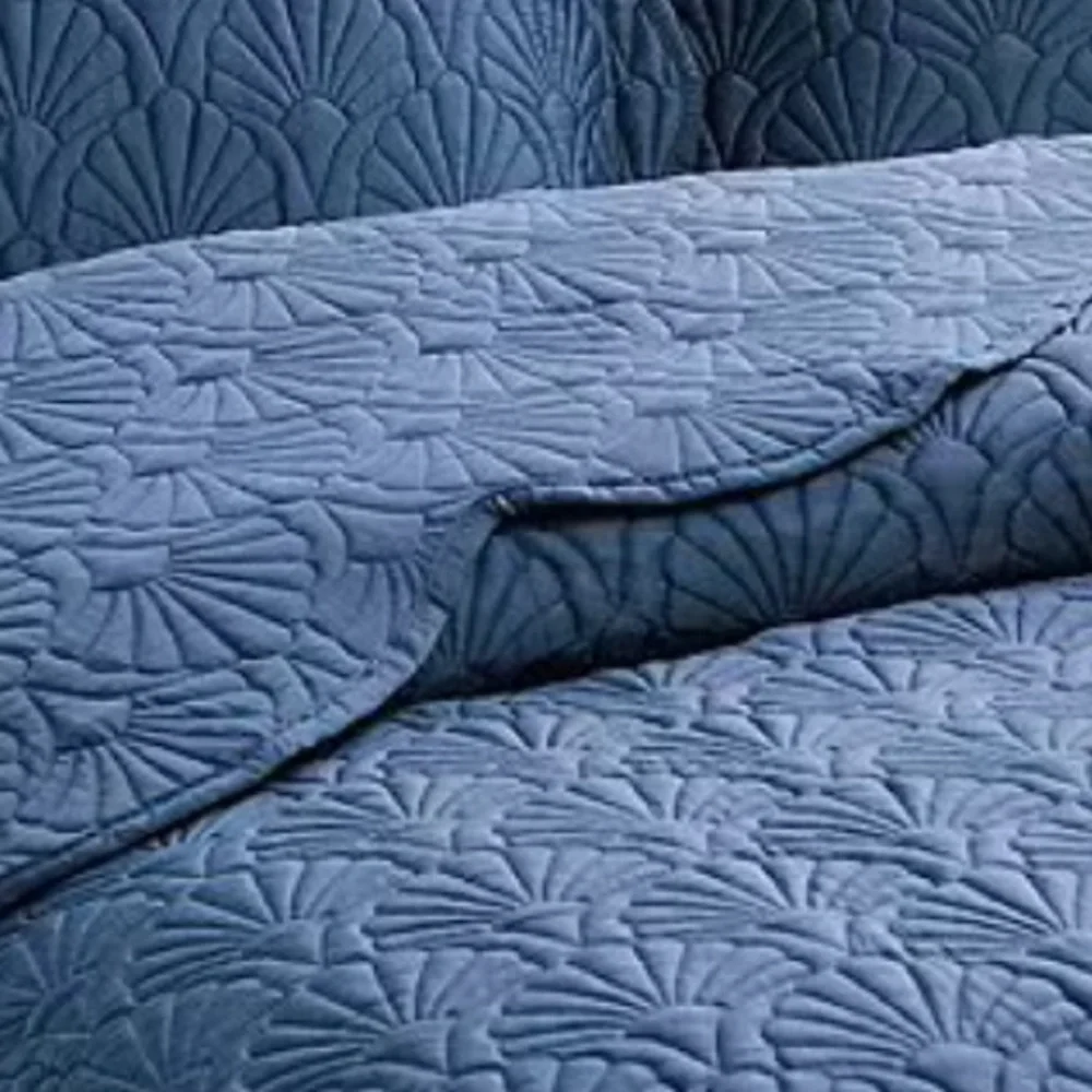 3pc TED BAKER Deco Shell Sapphire Blue Quilt Set-Scalloped Edges- King- 108